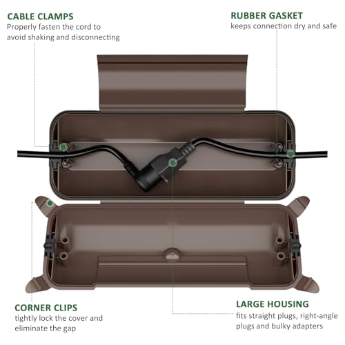 Image of Flemoon Outdoor Extension Cord Safety Cover, IP44 Waterproof Electrical Box | Waterproof Protector Seal, Weatherproof Electrical Connection Box for Outlets, Plugs, Sockets, Holiday Decorations, Brown