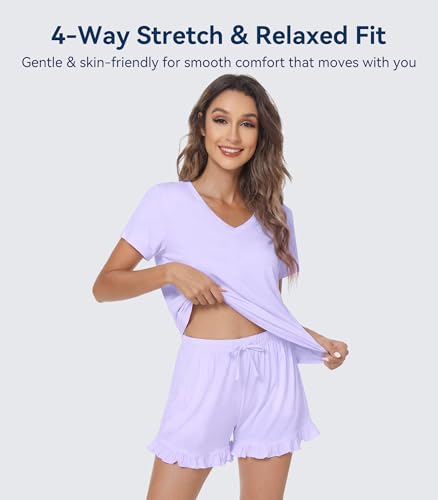 Image of WiWi Womens Pajamas Set Bamboo Viscose Super Soft Short Sleeve Top Ruffle Shorts Sleepwear Cooling Pj Sets S-XXL
