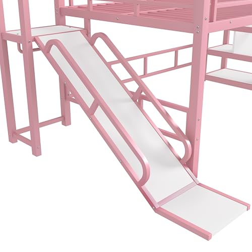 Image of YOPTO Full House Loft Bed with Slide and Stairs,Metal House-Shaped Roof Playhouse Bed w /Storage Shelves,Noise-Free,for Student Dorms,Studio,Pink