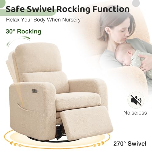Image of Power Swivel Rocker Recliner, Oversized Electric Boucle Recliner Chair, Swivel Glider Nursery Reclienr with Removable Cushion, Upholstered Recling Chair for Living Room Bedroom, Teddy Apricot