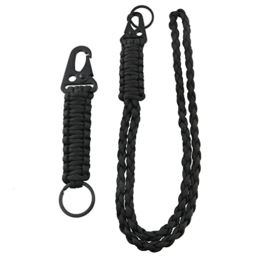 ZZLZX Paracord Lanyard Necklace Hook 2PCS 2Sizes Black Heavy Duty Braided Neck Keychain with Metal Clips and Key Rings for ID Card Badge Holder, Camera, Wallet and Keys