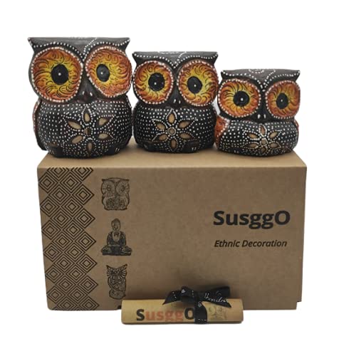 SusggO Lot de 3 hiboux en bois, décoration, sculpté à la main, porte-bonheur, idée artisanale, décoration de meuble (Marron chocolat Fleur MCF)