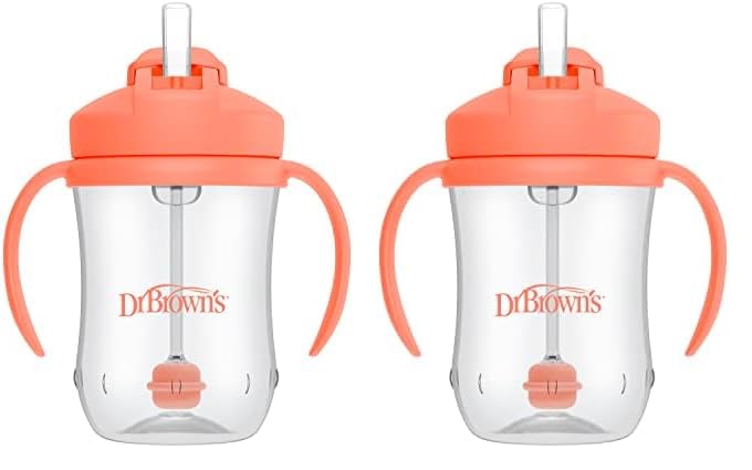 Dr. Brown's Milestones Baby’s First Straw Cup, Training Cup with Weighted Straw, Coral, 6m+ (Pack of 2)