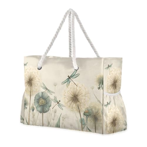 susiyo Dandelions Green Dragonflies Beach Bags for Women Large Travel Tote Bag Waterproof Sandproof Lightweight Swim Pool Bag for Family Outdoor