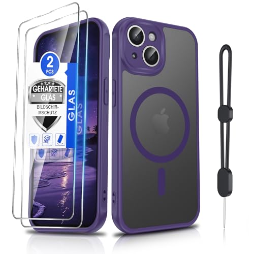 Dizn Etui ochronne na iPhone 15: 2 folie ochronne, Kompatybilne z MagSafe, Ochrona aparatu, z łańcuszkiem do telefonu, matowe, przezroczyste, cienkie, etui ochronne iPhone 15 Armor dla chłopców