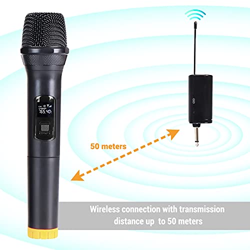 Queenser Microfone Karaokê Profissional UHF Dual Channel Dinâmico Sem Fio Microfone Portátil Sem Fio