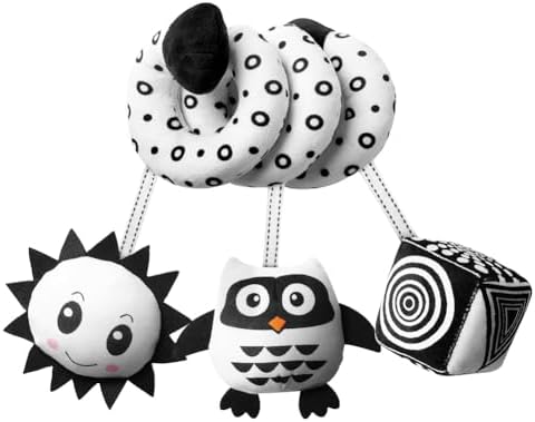 Aolso Kinderwagen Spielzeug, Baby Activity-Spirale Kette, schwarz-weißes Spielzeug, Baby-Hängespielzeug, Stoff-Spirale zum Greifen und Fühlen Mit Glocke Spielzeug (Eule)