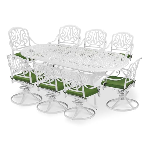 White Round Outdoor Dining Table for 8 Chairs: Stylish & Durable Patio Essential 9 VIVIJASON 9-Piece Patio Furniture Dining Set, All-Weather Cast Aluminum Outdoor Conversation Set Include 8 Swivel Dining Chairs and an Oval Table with Umbrella Hole, White/Green Cushion