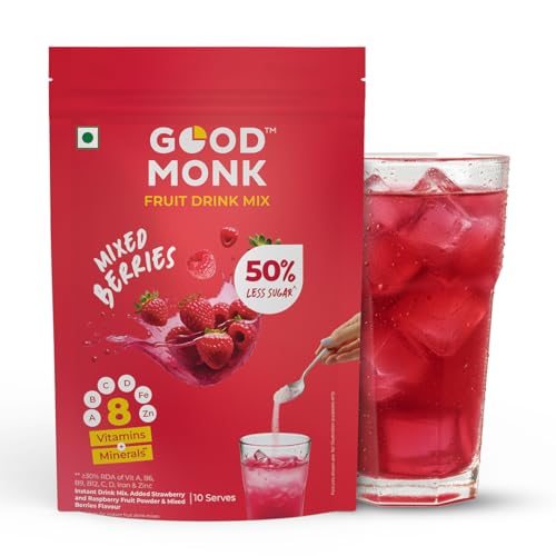 Good Monk Fruit Drink Mix (Natural Mixed Berries Powder), 50% Less Sugar with 8 Vitamins & Minerals (Vitamin B12, C, D, Iron & more) | Tasty & Healthy Mix for Hydration, Energy, Immunity, 10 Serves