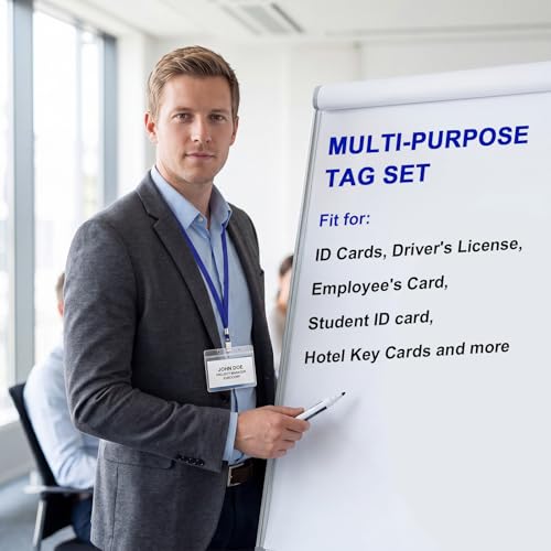 Image of Marspark 10 Sets 4 inchx3 inch Name Badge Holder with Lanyard Bulk, Blue | Waterproof Reusable Plastic with Clip, ID Badges Business School Conference Use, Lanyard Strap for Employees Students Events