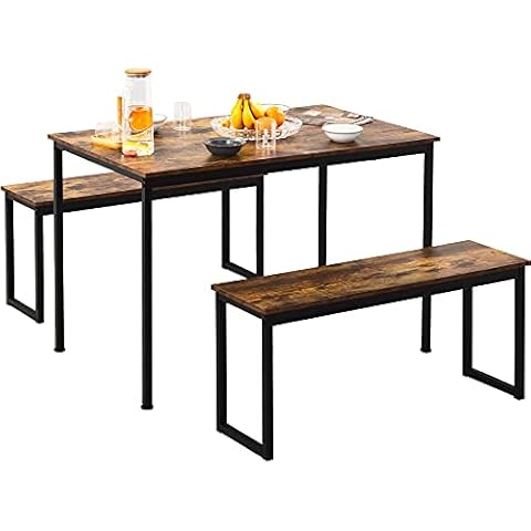 IANIYA Dining Table and 2 Bench Set, Garden Bench Dining Room Furniture Set 4-Person Space-Saving Dinette Outdoor (Brown) Cover