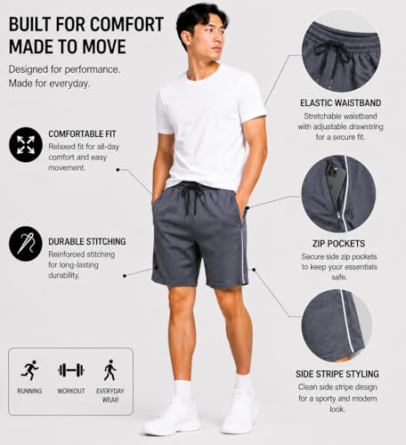 Image of Shorts Pant for Men |Cotton Hosiery Regular Fit Half Pant for Man with 2 Side Zip Pockets | Solid Side Stripe Design, Black, Navy, Dark Grey, M-4XL, Men's Shorts | Knee Length