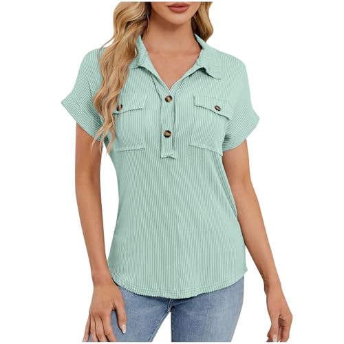bawilom Short Sleeve Tshirts for Women Summer Button V Neck Tops Loose Fit Casual Basic Tee Fashion Business Work Blouse Mint Green