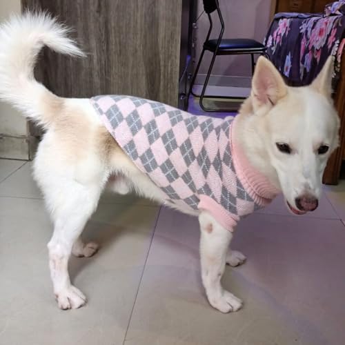 Image of Lulala Dog Sweater for Winter - Soft Pink and Grey Argyle Pattern, Warm Knit Sweater for Small to Medium Breeds, Cozy Dog Clothes