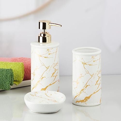 Image of SaSaSa Ceramic Bathroom Set of 3 Modern Bath Accessories Kit with Soap Dispenser, Toothbrush Holder & Dish - Stylish & Elegant Bathroom Decor, White /Gold (9729)