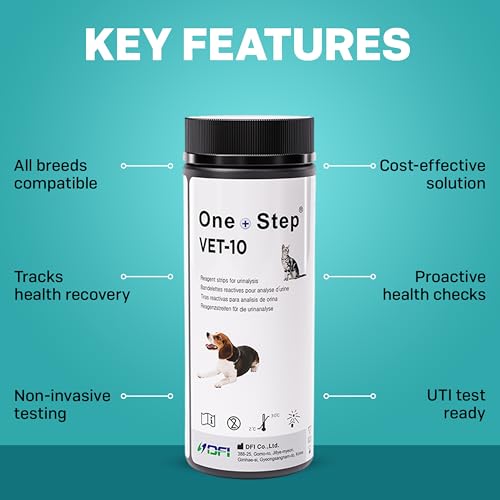 Image of One Step Pet Urine Testing Strips, 100 x 10 Parameter Urinalysis Tests for Dogs, Cats, Vets, Accurate Testing for Veterinarians, Detects UTI, Diabetes, Bladder, Kidney, Liver, SG, pH, Glucose