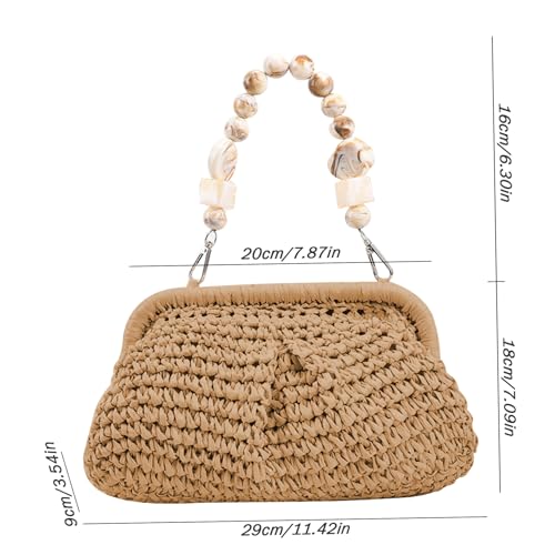 Straw Purse Straw Bags for Women Woven Straw Purse Casual Straw with Beaded Handle Stylish Easy Matching Summer Purse for Beach Travel, Khaki4