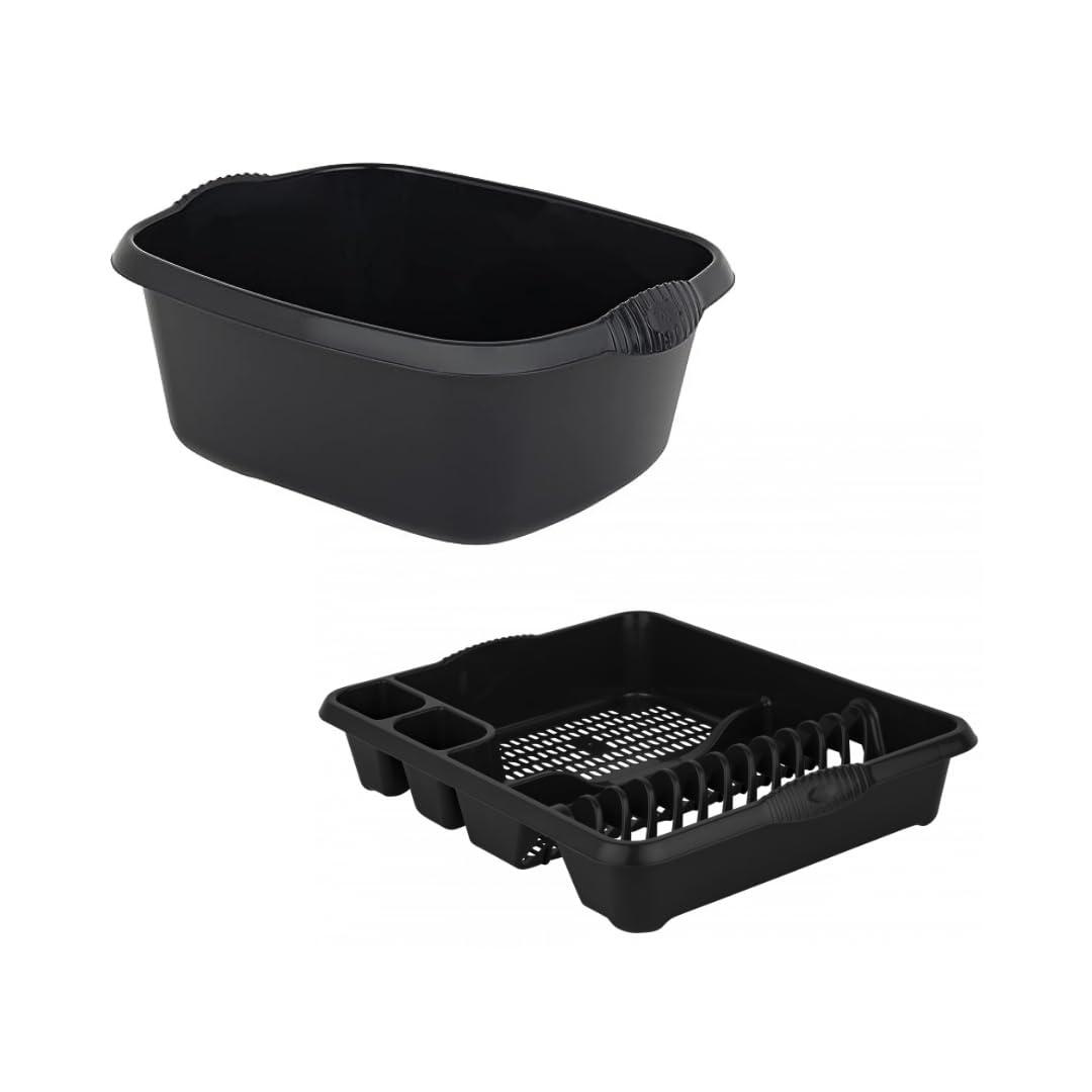 Aurora - Plastic Rectangular Washing Up Bowl & Large Dish Drainer Rack Plate Holder Kitchen Sink Set of 2 - Midnight (Darkish Grey)