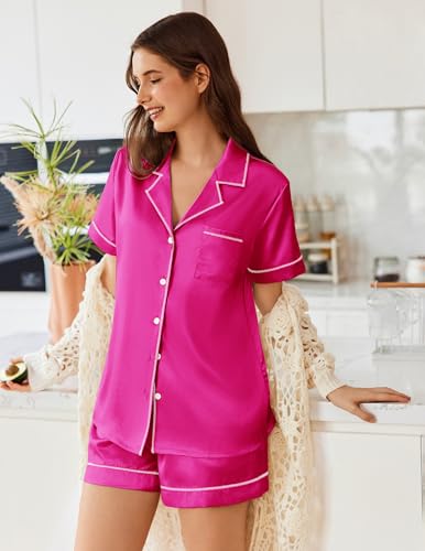 Image of Ekouaer Womens Satin Silk 2 Piece Pajamas Set Short Sleeve Sleepwear | Button Down Top and Shorts Loungewear Set for Sleep, Home, Wedding, Travel, Party, Daily Wear & Great for Sharing