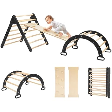 HARPPA 7 in 1 Pikler Triangle Set, Toddler Climbing Toys Indoor, Montessori Climbing Set, Foldable with Arch, Ramp, Climbing Triangle, Jungle Gym for Kids, Black Cover