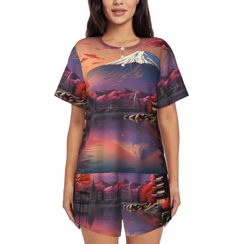 Pyjama deux pièces femmes mont Fuji Japon avec haut manches courtes col rond et short fluide