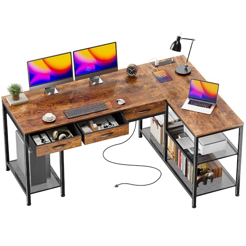PRAISUN 55 Inch L Shaped Office Desk with Power Outlets and Type-C Port, Large Computer Gaming Desk with 3 Fabric Drawers, Mesh Shelves, Corner Study Work Writing Desk, Rustic Brown