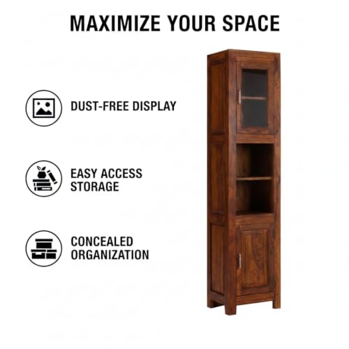 Image of APRODZ Mango Wood Crockery Cabinet with Glass Door | Wooden Kitchen Storage Cabinet for Dining Room Living Room & Bedroom | Tall Storage Cabinet with Shelves | Display Cabinet for Home with Two Doors