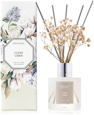 Airkeep Raumduft Clean Linen Duft, Reed Diffuser mit 8 Duftstäbchen, Lufterfrischer für Badezimmer, Wohnung, Heimdekoration, 100ml