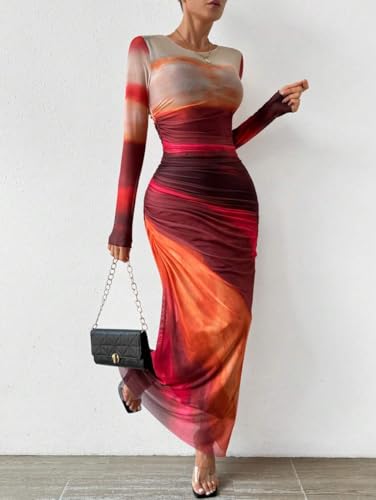 Image of LIGHT DOT Women's Printed Bodycon Maxi Dress Long Sleeve Tie Dye Mesh Ruched Cocktail Dress