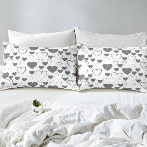 Parure de lit microfibre douce Loussiesd motif cœur blanc et gris