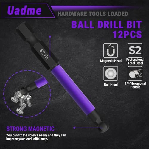Uadme Ball End Screwdriver Bits Set, 12Pcs S2 Steel Magnetic Allen Key Bit 1/4 Inch Hex Shank - Image 3