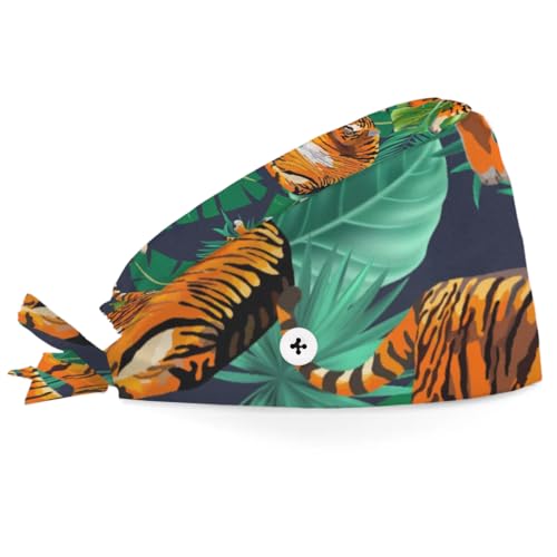 Mularoka Watercolor Tiger Palm Working Caps with Button Sweatband Comfortable Adjustable Bouffant Hats Work Hat for Women Men