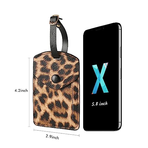 Kevancho Leather Luggage Tags for Men Women, Suitcase Labels Baggage Bag Tag ID Tags with Full Back Privacy Cover for Cruise Ships, Travel Accessories Tags Set (Leopard)2