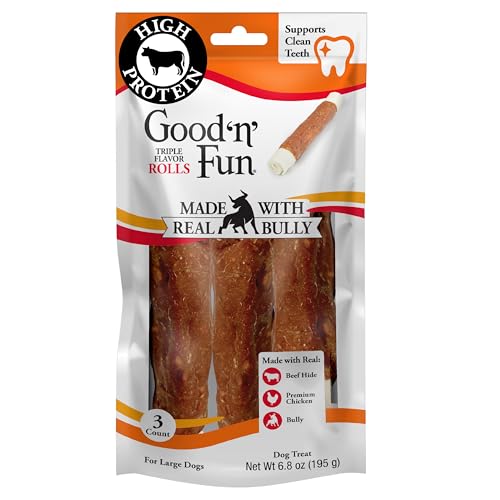 GOOD N FUN Triple Flavor Rolls with Bully Chews High-Protein Dog Treat for Large Adult Dogs Made with Real Beef Hide Chicken Bully & Beef Liver Flavor 3 Count