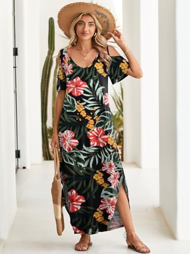 Image of BELAROI Womens Cold Shoulder Maxi Dress Plus Size V Neck Summer Sundresses with Pockets Beach Coverup Vacation Outfits