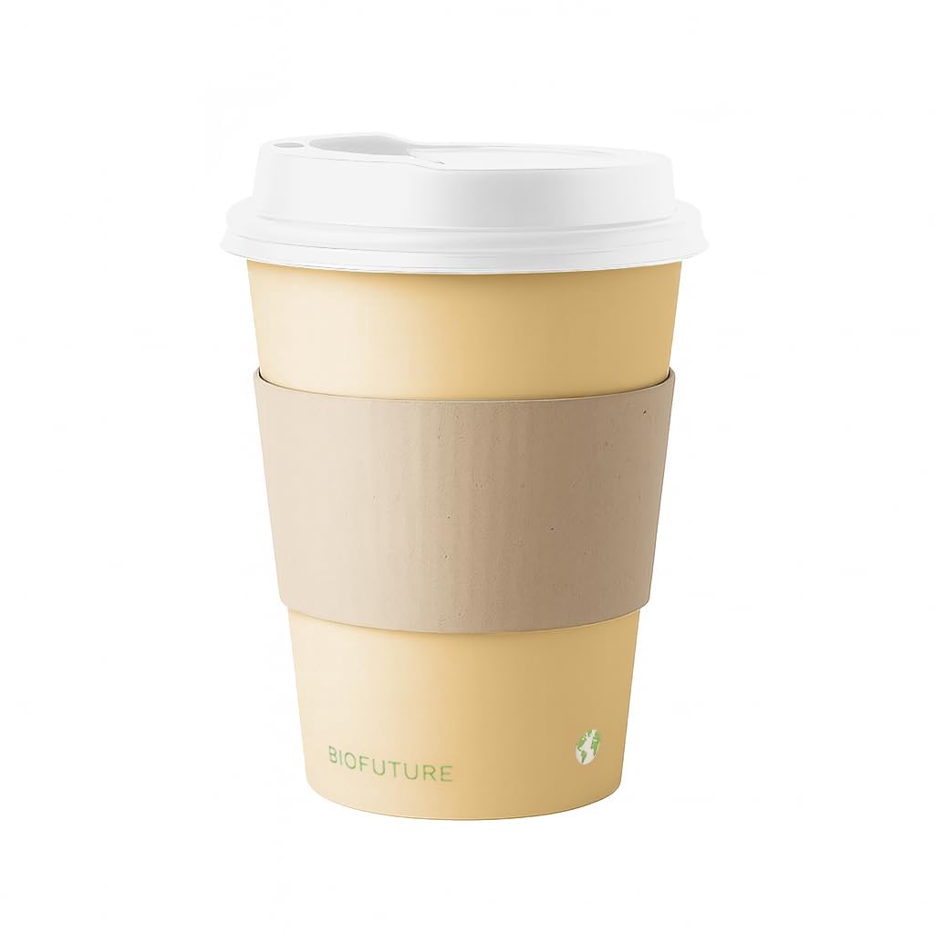 BIOFUTURE 200 x 16oz Disposable Coffee Cups Compostable Paper Cups with White Lids and Sleeves, Eco-Friendly & Biodegradable, Ideal for Hot Drinks, Takeaway or Travel, EN 13432 Certified (Sand)