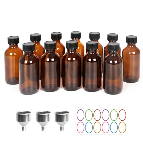 12 Pack 2 oz Amber Glass Bottles with Lids and Funnels,label, 60ml Glass Ginger Shot Bottles with Caps, Leak Proof Mini Travel Bottle for Diy Essential Oils, Perfumes, Whiskey and Juices
