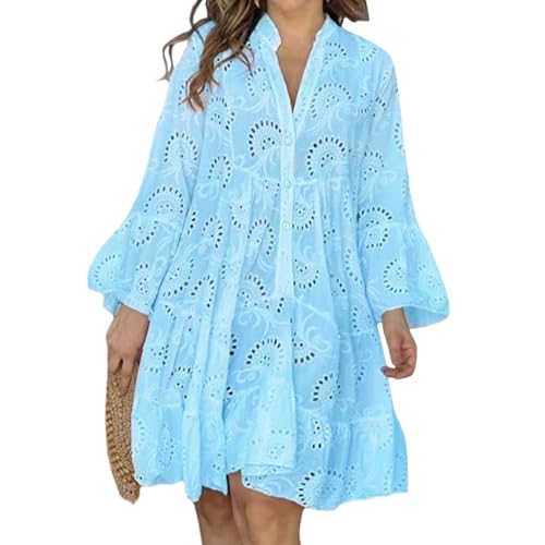 Button Down Shirt Dress for Women Casual Lace Embroidered Mini Short Dress Trendy Ruffled Long Sleeve Flowy Midi Dress Summer V Neck Plus Size Solid Color Elegant Beach Vacation Dress S at
