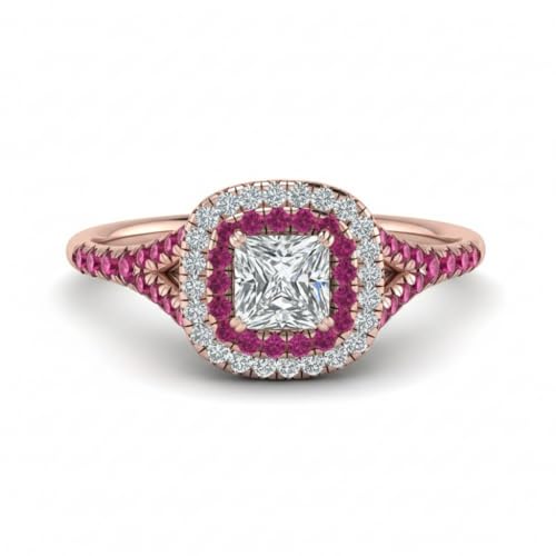 Image of Choose Your Gemstone Delicate Double Halo Diamond CZ Ring Rose Gold Plated Princess Shape Halo Engagement Rings Matching Jewelry Wedding Jewelry Easy to Wear Gifts US Size 4 to 12