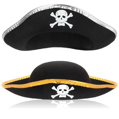 com-four® 2 x chapéu de pirata com caveira - pequeno cocado de pirata com aba - acessórios de disfarces para disfarces, carnaval, Halloween - Corsários (02 peças - pirata cor prateada/ouro)