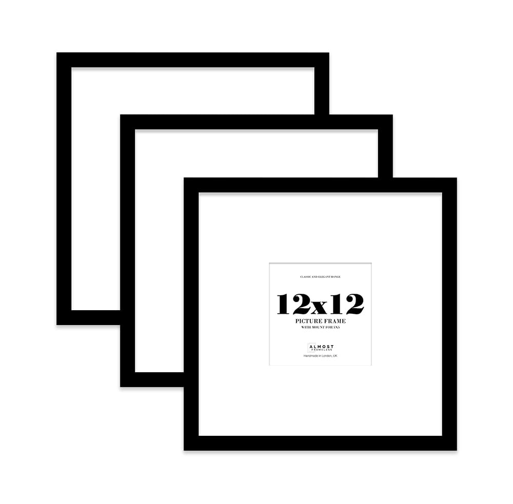 12x12 Black Picture Frame with Large Mount for 5x5 Photos, Prints - Modern Square Wall Frame, Set of 3