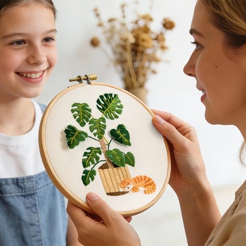 Image of Monstera Embroidery Kits for Beginners Adults, Cat Hand Embroidery Kits, Potted Plant Cross Stitch Kits for Beginners DIY Craft Kits for Adult Women, Entire Set of Embroidery Supplies & Video Tutorial