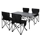 Portable Camping Table Chair Set, Hiking Desk Stool Set Folding Outdoor Picnic Furniture with Large Storage Organizer & Carry Bag Heavy Duty for BBQ Beach Hiking (4 Chairs & 1 Table) Black