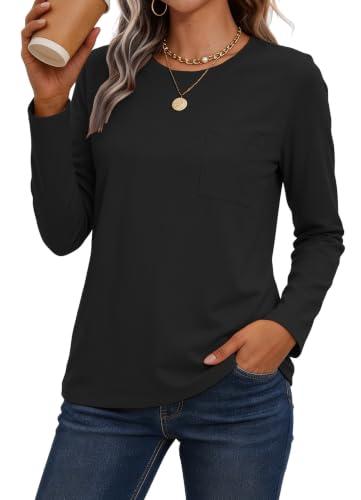 SMENG Long Sleeve T Shirts Women Crew Neck Pure Color Casual Basic Women's T-Shirts Comfortable and Breathable Black M