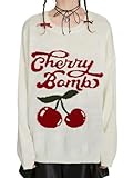 SOLY HUX Women's Cherry Print Graphic Long Sleeve Crewneck Sweater Drop Shoulder Pullover Tops Pure Beige M