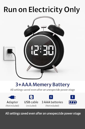 Image of AERYS 4.5-Inch Digital Alarm Clock, Table Clock Double Bell LED Silent Metal Clock with Night Light, Loud Bedside Alarm for Heavy Sleepers, Home, Office, Bedroom, Living Room,Home Decor (Big Black)