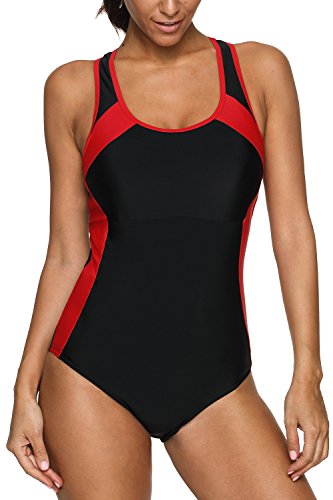 CharmLeaks Women Swimmers Bathing Suit Ladies Athletic Swimsuits one Piece Racerback Swimsuit,Black/Red,XX-Large