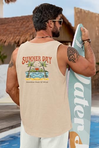 Image of VOGSTART Men Graphic Muscle Tank Top Beach 100 Cotton T-Shirt Beige Palm L | Design, Print, Casual, Summer, Vacation, Holiday, Surf, Hawaiian, Workout, Vintage, Tropical