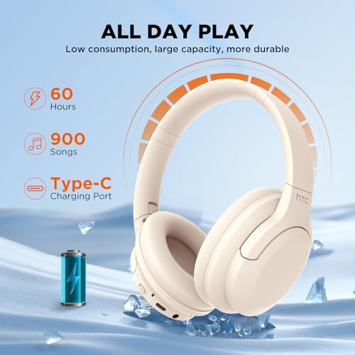 HTC HP02 Wireless Bluetooth Headphones with Active Noise Cancellation Bluetooth 5.3 Earphone, Over Ear Headphones with Built-in Mic- 60Hours Playtime, Foldable Stereo Wireless Headset for Call, Travel - Image 3