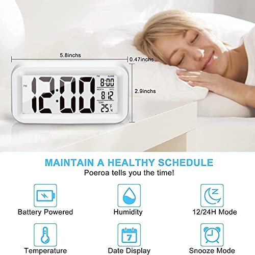 Image of Upgraded Digital Alarm Clock, 4.3 inch LED Display with Temperature Larger Lound Light Control Portable Snooze Calendar Brightness with Battery Powered Alarm Clocks Bedside for Everyone(White)